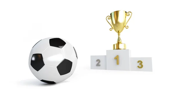 Soccer Ball Gold Cup Pedestal White Background Illustration Rendering — Stock Photo, Image