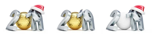 Gold Golf Ball 2019 New Year Santa Hat White Background — Stock Photo, Image