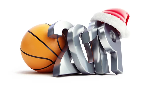 Basket Ball Nouvelle Année 2019 Santa Chapeau Sur Fond Blanc — Photo