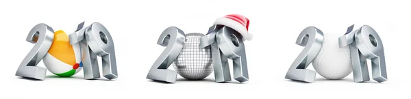 Minge disco, minge de golf, minge de plajă Anul Nou pălărie Moș Crăciun 2019 setat pe un fundal alb ilustrație 3D, redare 3D — Fotografie, imagine de stoc