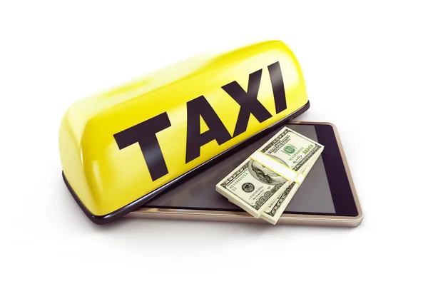 Taxi dólar smartphone sobre un fondo blanco ilustración 3D, representación 3D —  Fotos de Stock