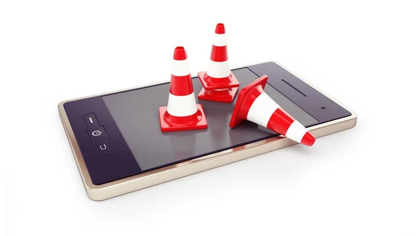 Smartphone Cônes Circulation Conet Routier Sur Fond Blanc Illustration Rendu — Photo