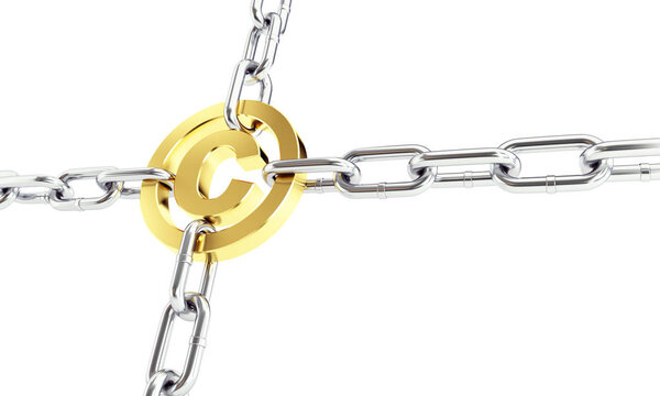 chain links metal copyright sign gold 3d Illustrations on a white background