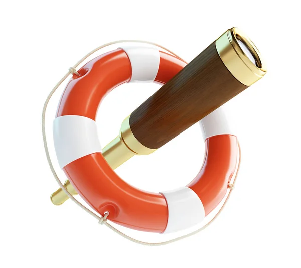 Old Gold Spyglass Lifebuoy White Background Illustration Rendering — Stock Photo, Image