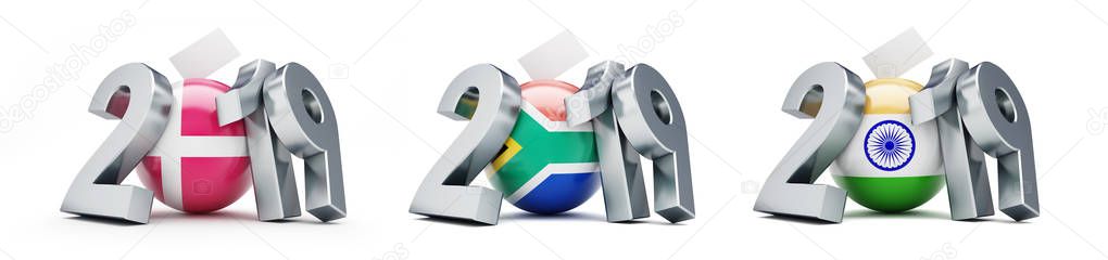 Parliamentary elections in Denmark, South Africa, India on a white background 3D illustration, 3D rendering