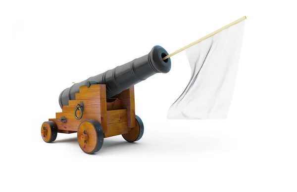 Old Cannon White Flag Rendirse sobre un fondo blanco Ilustración 3D, representación 3D — Foto de Stock