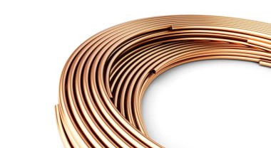 Beyaz arka planda bakır borular. 3d Çizimler