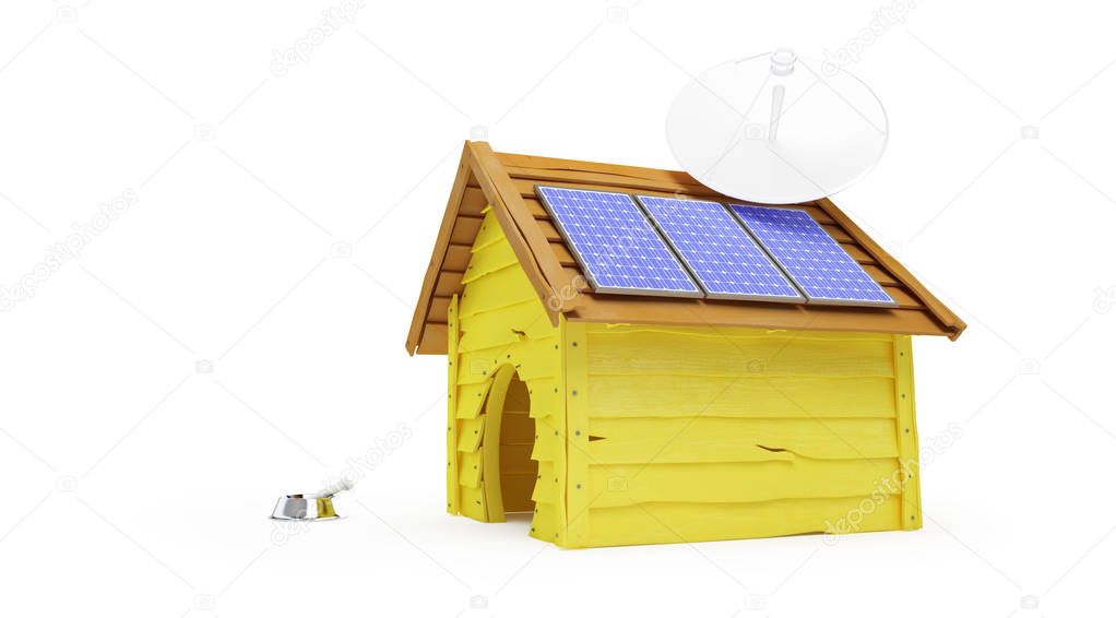 Dog house with solar panels and Parabolic antenna on a white background 3D illustration