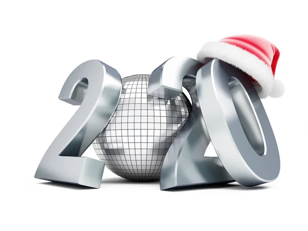 Nový rok 2020 Santa Hat Disco Ball na bílém pozadí 3D ilustrace, 3D vykreslování — Stock fotografie