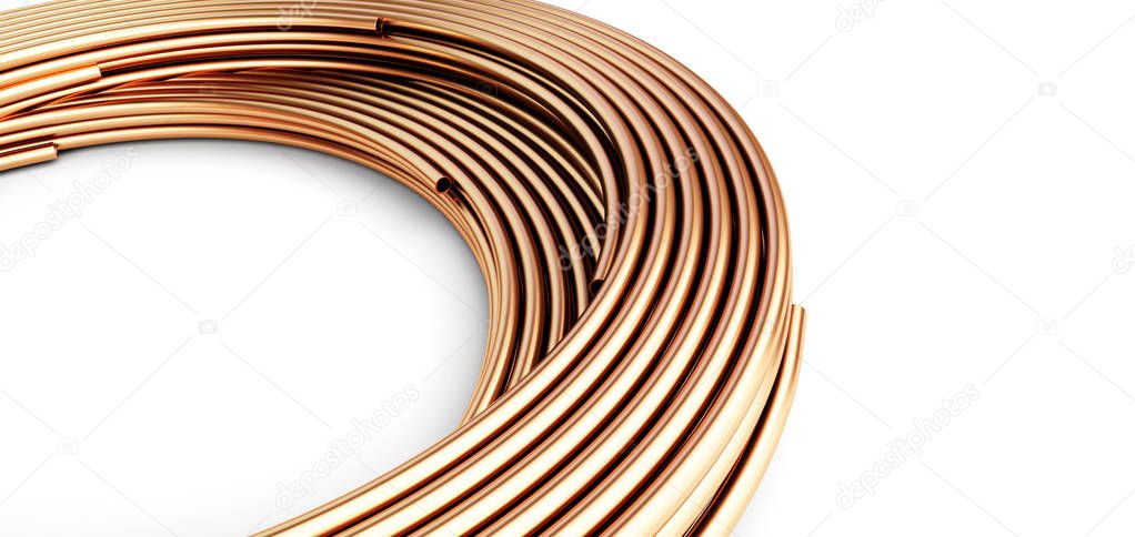 Copper pipes on white background. 3d Illustrations
