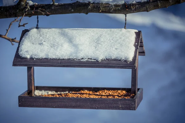 Alimentatore di uccelli in legno su un albero in inverno — Foto Stock