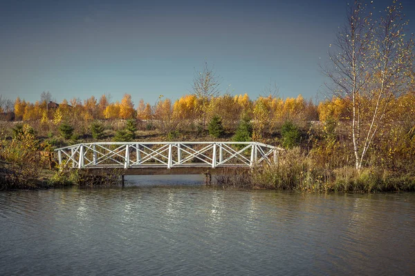 Μια ξύλινη γέφυρα πέρα από τον ποταμό — Φωτογραφία Αρχείου