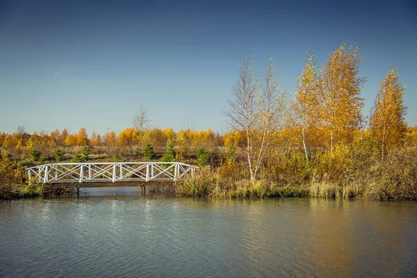 Een houten brug over de rivier — Stockfoto