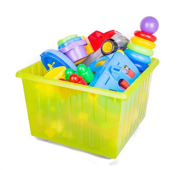 Çocuklar için oyuncaklar ile Plastik konteyner — Stok fotoğraf
