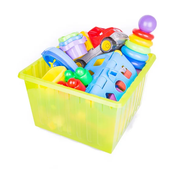 Çocuklar için oyuncaklar ile Plastik konteyner — Stok fotoğraf