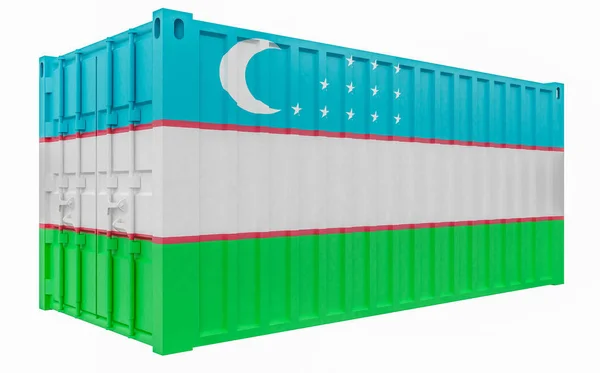 Ilustração 3D do recipiente de carga com bandeira do Uzbequistão — Fotografia de Stock
