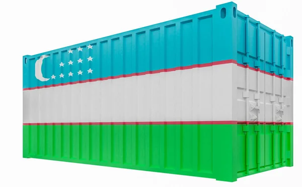 3D illustratie van cargo container met Oezbekistan vlag — Stockfoto