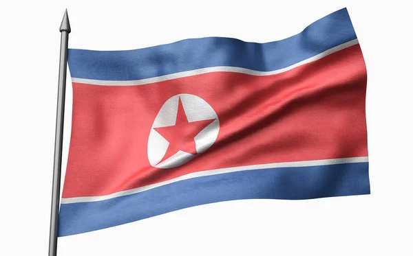 3D-illustration av flaggstång med Nordkoreas flagga — Stockfoto