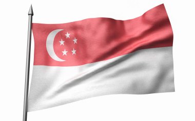 Singapur Bayrağı ile Bayrak Direğinin 3B Görünümü