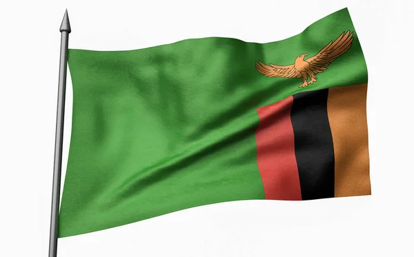 3D иллюстрация флагштока с флагом Замбии — стоковое фото