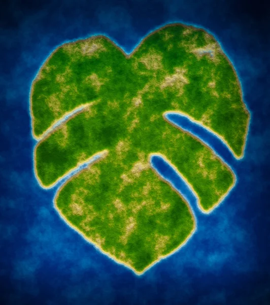 Zielona Wyspa Kształcie Liścia Szczegółowa Ilustracja — Zdjęcie stockowe