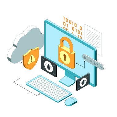 Siber güvenlikle ilgili vektör izometrik illüstrasyon, kişisel veri koruması, bulut teknolojisi güvenliği. Web sitesi veya mobil uygulama için modern düz illüstrasyon