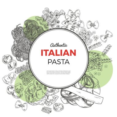 Yuvarlak poster ile el çekilmiş makarna. 