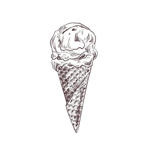 Ice cream in waffle cone, hand drawn — Stock Vector