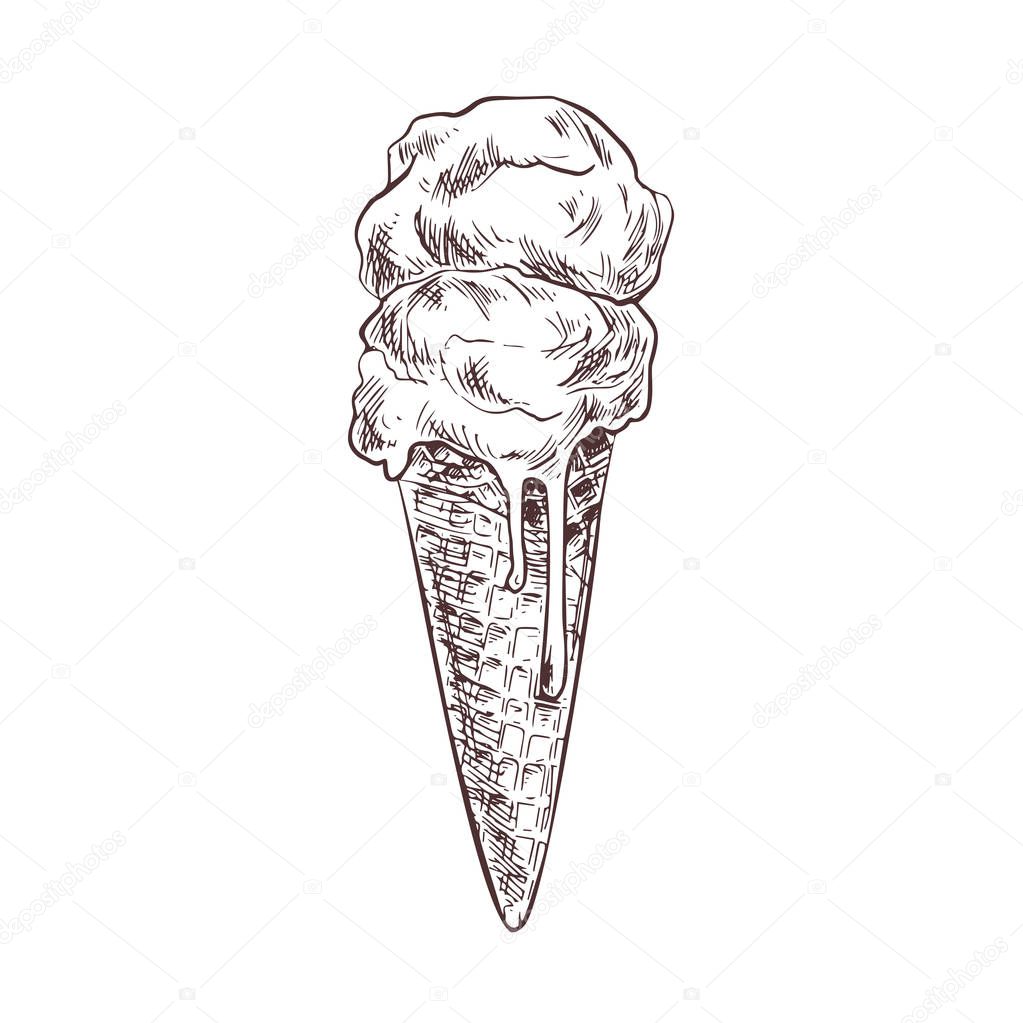 Ice cream in waffle cone, hand drawn