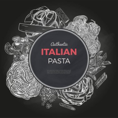 Makarna afiş, vektör elle çizilmiş illüstrasyon kroki. Kara tahta arka plan.