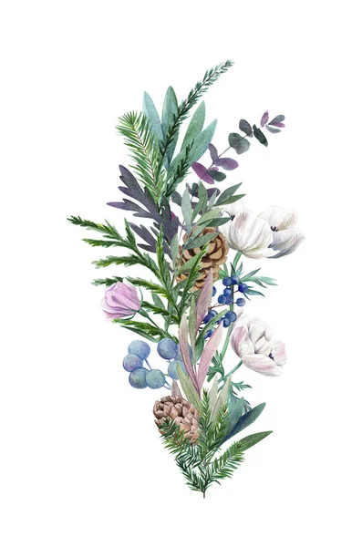 Florales Aquarell-Arrangement mit Blumen und Zapfen, handgezeichnete Illustration — Stockfoto