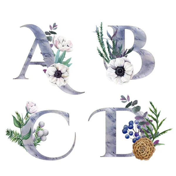Dekoratives Blumenalphabet mit silbernen Buchstaben und botanischem Aquarell-Dekor. — Stockfoto