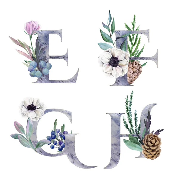 Dekoratives Blumenalphabet mit silbernen Buchstaben und botanischem Aquarell-Dekor. — Stockfoto