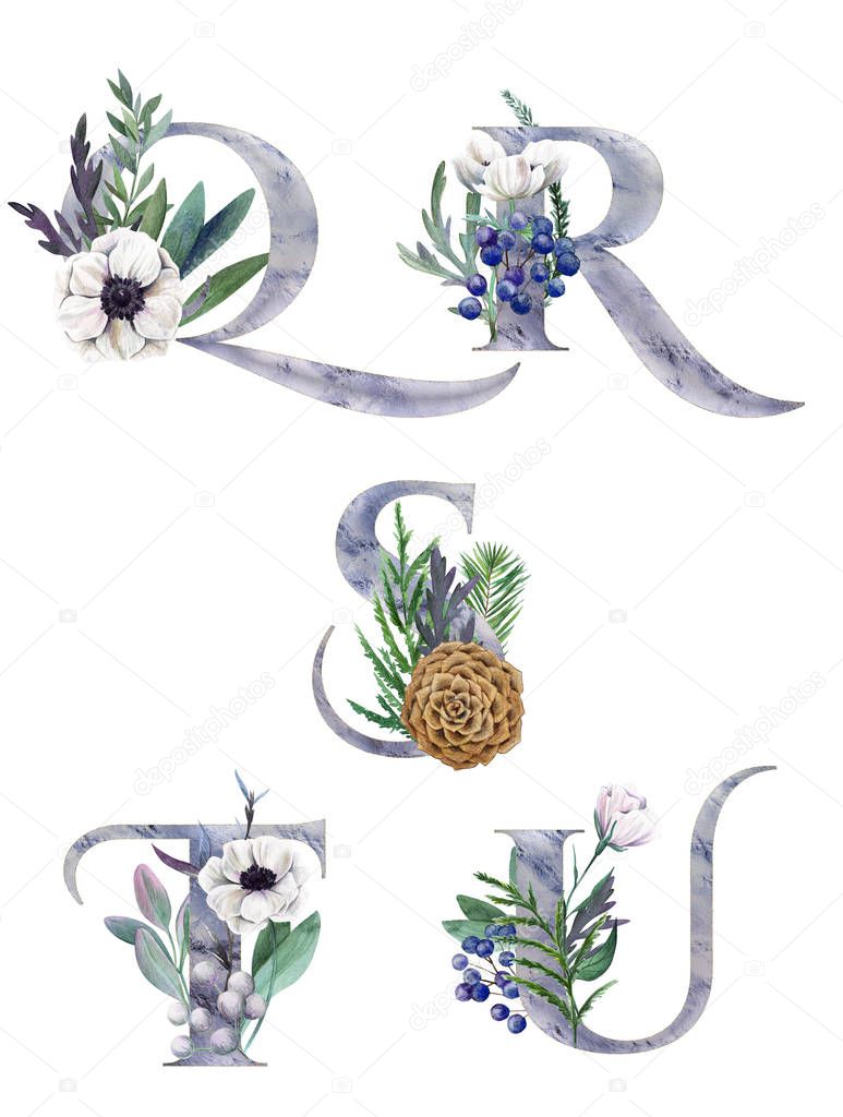 Decorative floral alphabet with silver letters and watercolor botanical decoration.