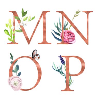 Dekoratif çiçek alfabesi ile altın folyo harf ve suluboya botanik dekorasyon.