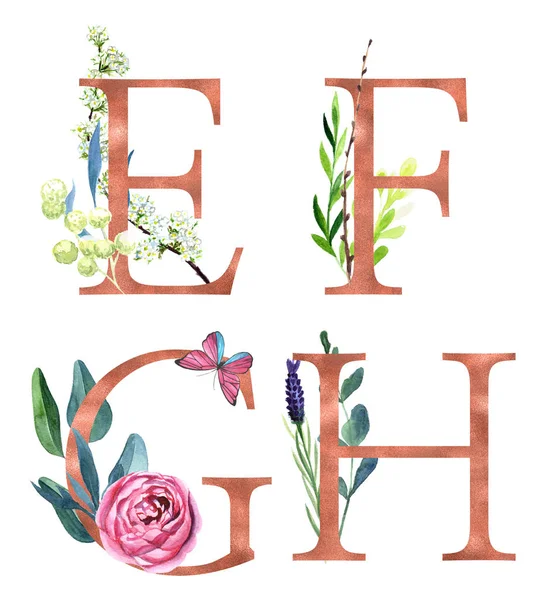 Alphabet floral décoratif avec lettres en feuille d'or et décoration botanique aquarelle . — Photo