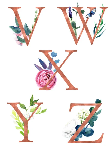 Alfabeto floral decorativo con letras de lámina de oro y decoración botánica de acuarela . — Foto de Stock