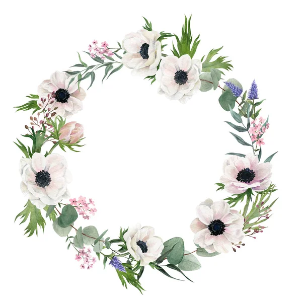 Hand drawn watercolor wreath. Anemones and greenery — Stock Photo, Image