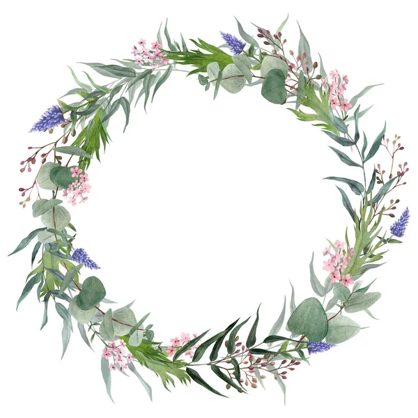 Handritad akvarellkrans. Grönska och små blommor — Stockfoto