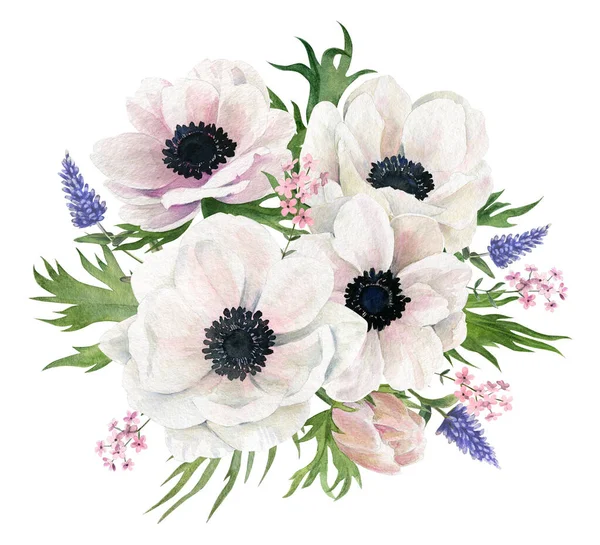 Blomsterarrangemang, handritad akvarell illustration, liten bukett. — Stockfoto