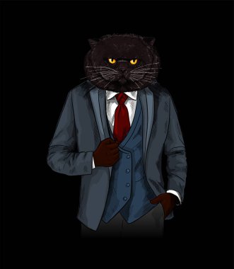 Zarif gri süit giyinmiş antropomorfik kedi.