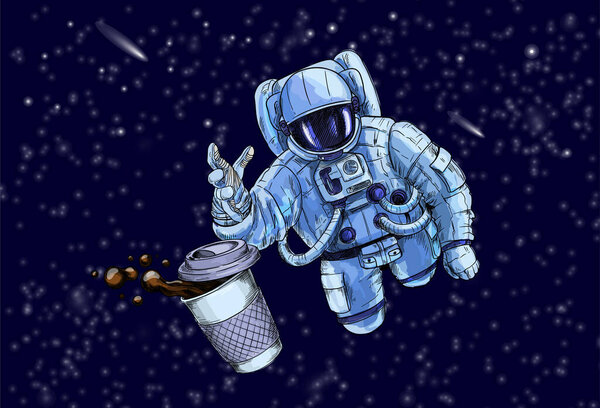 Astronaut trying to reach for cup of coffee