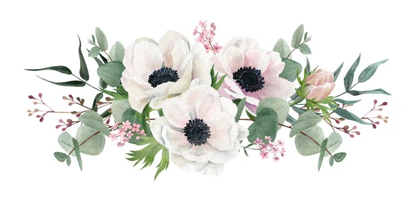 Beautiful watercolor arrangement, hand drawn illustration. Anemones. — Stock Photo, Image