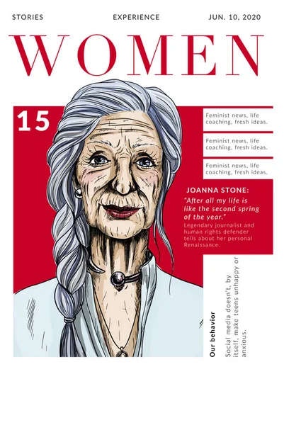 Güzel yaşlı kadın portresi olan dergi kapağı. — Stok Vektör
