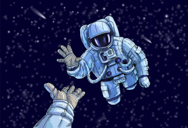 Astronaut in de ruimte suite die zich uitstrekt tot de andere astronaut — Stockvector