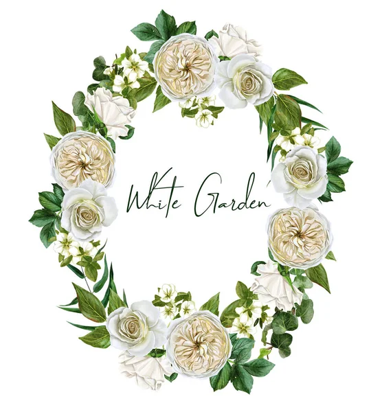 Rose bianche e foglie, acquerello corona floreale — Foto Stock