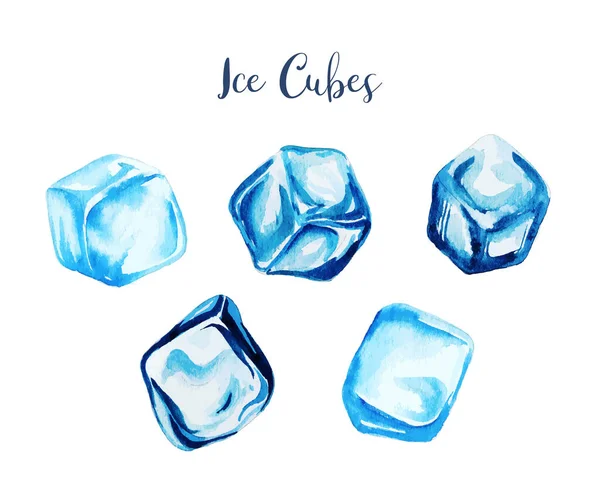 Set aus fünf Aquarell-Eiswürfeln, von Hand gezeichnet — Stockvektor