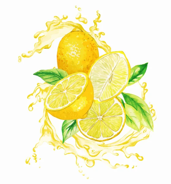 Желтые лимоны и листья в брызгах желтого сока — стоковый вектор