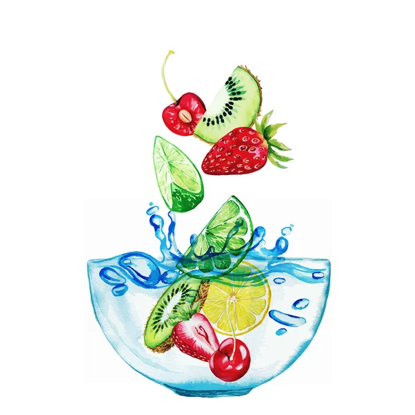 Frutas y bayas que caen en el recipiente de vidrio — Vector de stock