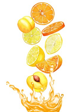 Portakal suyuna dökülen portakal ve sarı meyveler